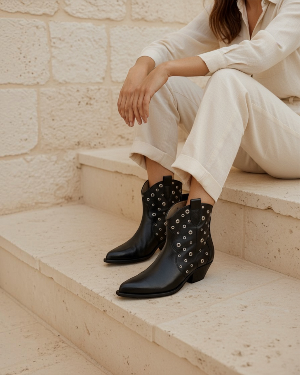 Texano Borchie Nero in Pelle